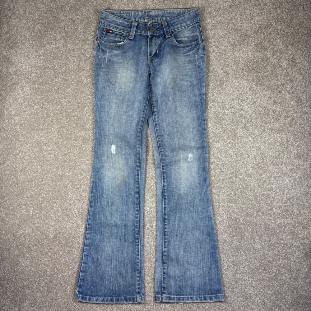 TB2 Jeans Womens 27 Light Wash Low Rise Flare Denim Embroidered Pockets Y2K